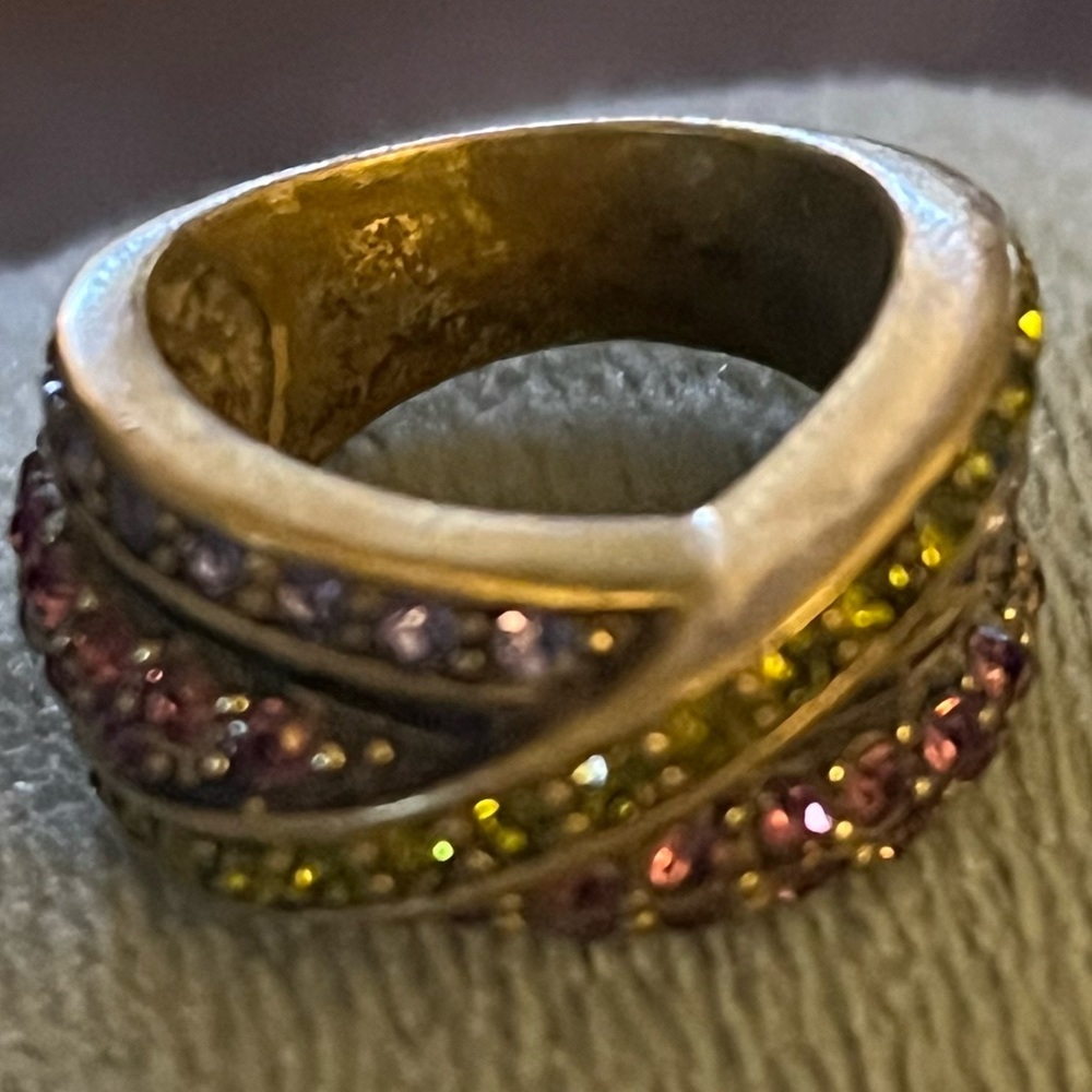 Heidi Daus, Purple, Green, Blue Crystal and Brass Ring size 6